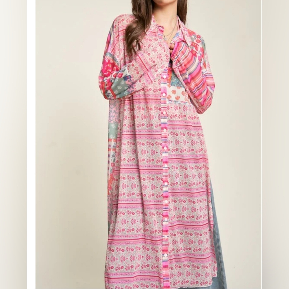 Pink and Reds  Patterned Long Mesh Shirt/cover Up/duster Dani And Davi